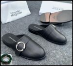 Alexander McQueen Black Leather Mule Sandals with Silver Buckle