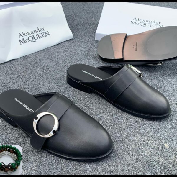 Alexander McQueen Black Leather Mule Sandals with Silver Buckle