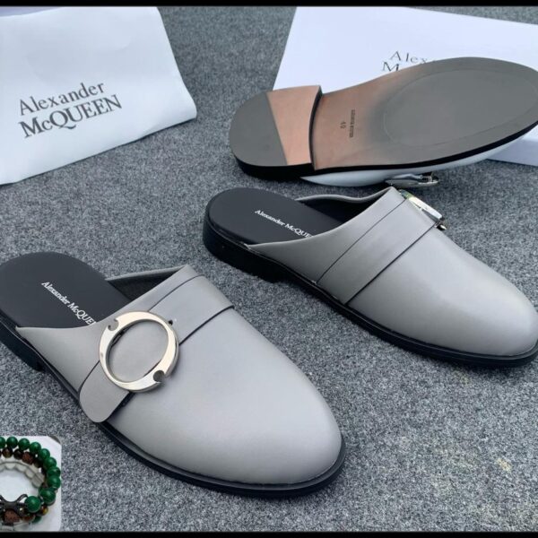 Alexander McQueen Grey Mule Loafers with Silver Buckle