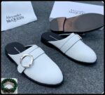 Alexander McQueen White Leather Mule Slides with Silver Buckle