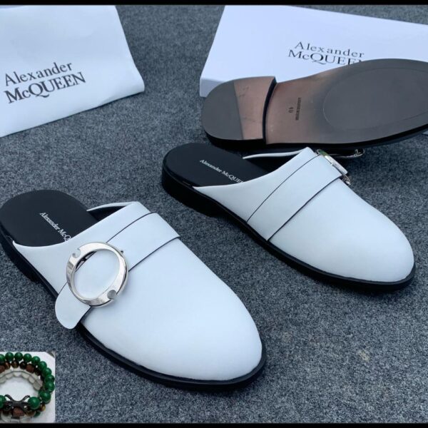 Alexander McQueen White Leather Mule Slides with Silver Buckle