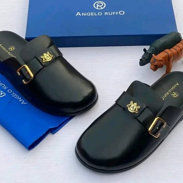 Angelo Ruffo Black Leather Mule Loafers with Gold Buckle & Crest