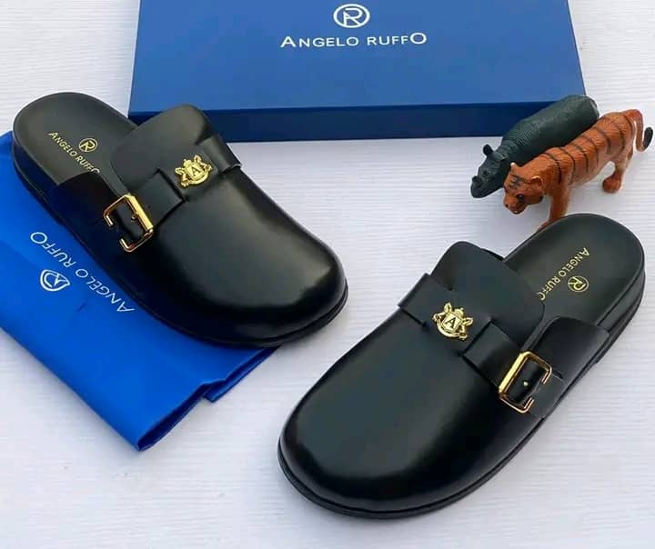 Angelo Ruffo Black Leather Mule Loafers with Gold Buckle & Crest Angelo Ruffo Black Leather Mule Loafers with Gold Buckle & Crest