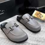 Aristocrats Grey Leather Mule Loafers with Metal Buckle