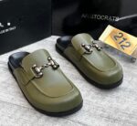 Aristocrats Olive Green Leather Half Shoes with Metal Buckle