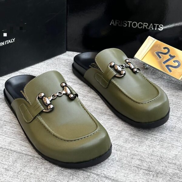 Aristocrats Olive Green Leather Half Shoes with Metal Buckle