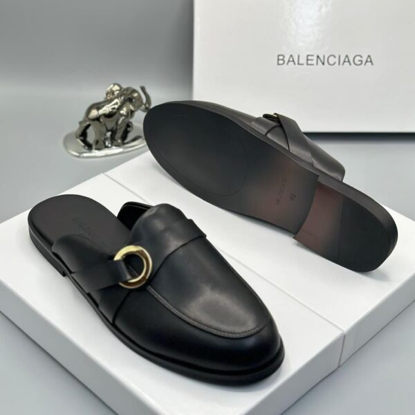 Balenciaga Black Leather Mule Loafers with Gold Buckle