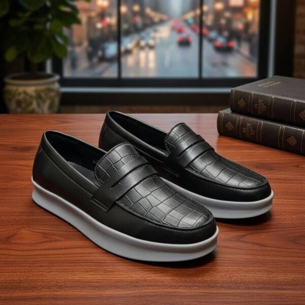 Black Crocodile-Embossed Leather Loafers with White Sole
