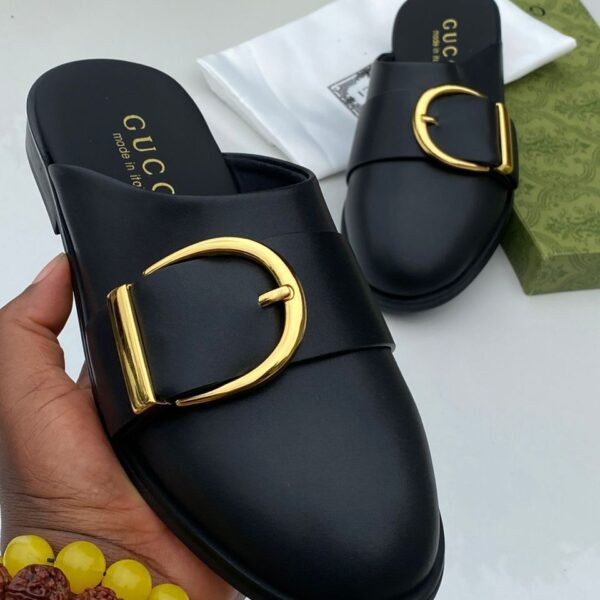 Black Leather Mule Slip-On Shoes with Gold Buckle (Gucci-Inspired)