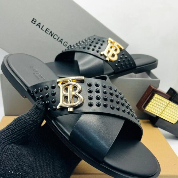 Burberry Black Leather Slides with Thomas Burberry Monogram