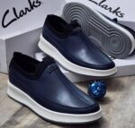 Clarks Classic Blue & Black Leather Slip-On Loafers with White Sole