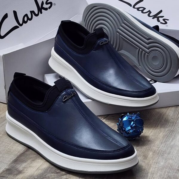 Clarks Classic Blue & Black Leather Slip-On Loafers with White Sole