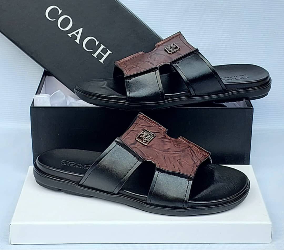 Coach Men’s Brown Patterned Leather Slides Coach Men’s Brown Patterned Leather Slides