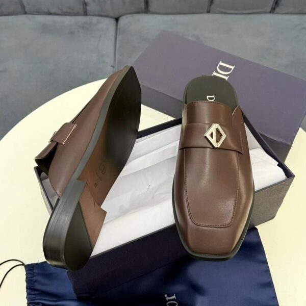 Dior Brown Leather Mule Loafers with Silver Buckle