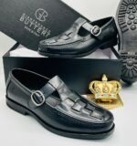 Gianfranco Butteri Black Leather T-Strap Shoes with Woven Upper