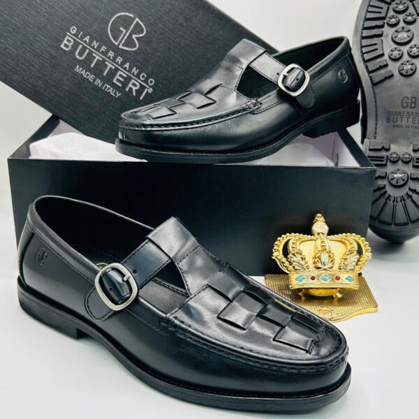Gianfranco Butteri Black Leather T-Strap Shoes with Woven Upper