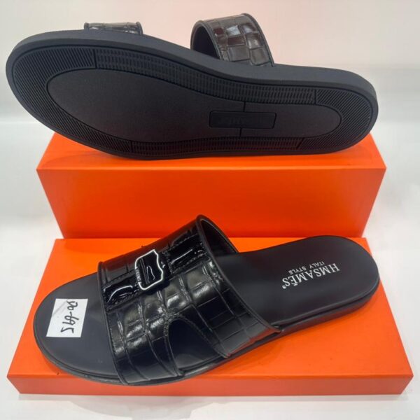 HMSAMES Black Croco Leather Palm Slippers with Buckle