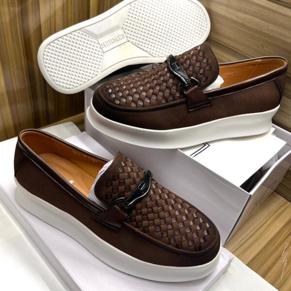 Hermès Men’s Classic Brown Leather Loafers with White Sole