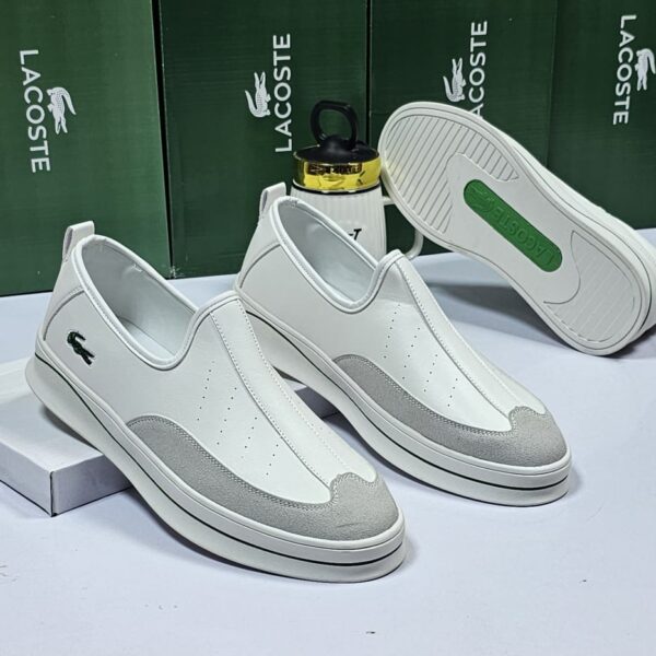 Lacoste White Slip-On Sneakers with Grey Suede Detailing