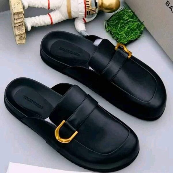 MKS Black Leather Buckle Loafer Mules