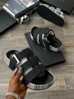 Paul Smith Black Designer Slides with Multi-Color Striped Sole
