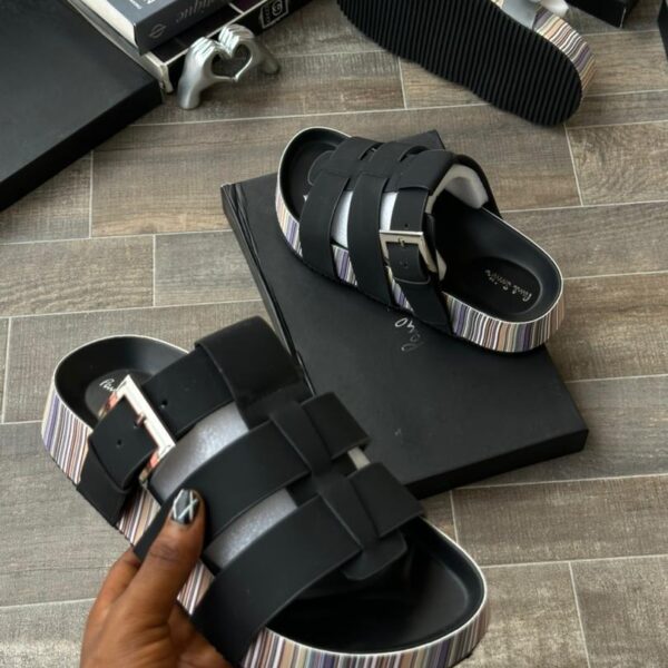 Paul Smith Black Designer Slides with Multi-Color Striped Sole