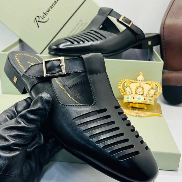 Richwanaz Italian Black Leather Mules with Cut-Out & Buckle