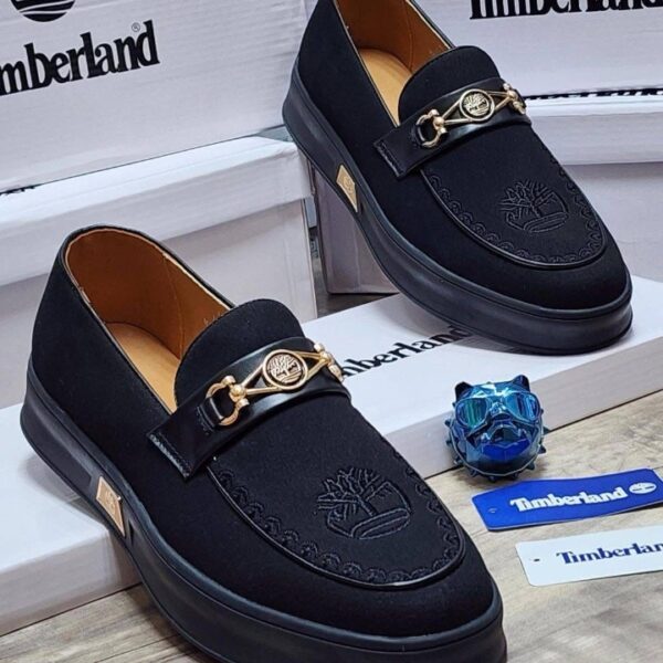 Timberland Black Loafers with Gold Logo Emblem