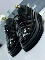 Timberland Black Platform Sandals with Woven Patent Leather