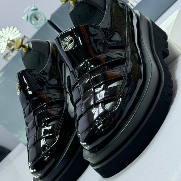 Timberland Black Platform Sandals with Woven Patent Leather