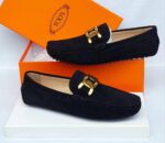 Tod’s Black Suede Loafers with Gold Chain