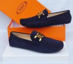 Tod’s Gommino Blue Suede Loafers with Gold T-Bar D