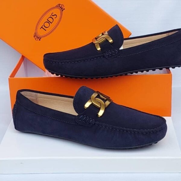 Tod’s Gommino Blue Suede Loafers with Gold T-Bar D