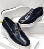 Black Leather Loafer-Style Sneakers with Metal Logo Buckle and White Sole