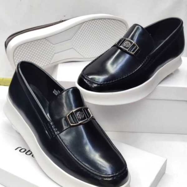 Black Leather Loafer-Style Sneakers with Metal Logo Buckle and White Sole