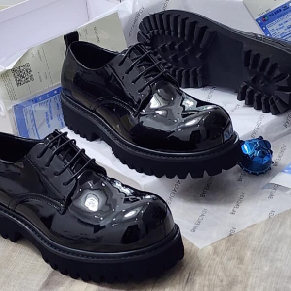 Black Patent Leather Lug-Sole Derby Shoes