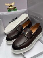 Hermès Brown Pebbled Leather Loafers with White Sole