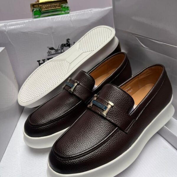 Hermès Brown Pebbled Leather Loafers with White Sole