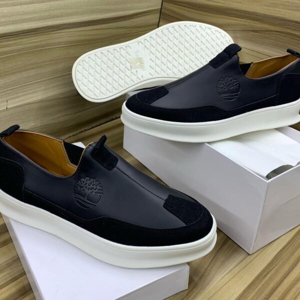 Timberland Black Leather & Suede Slip-On Loafers with White Sole