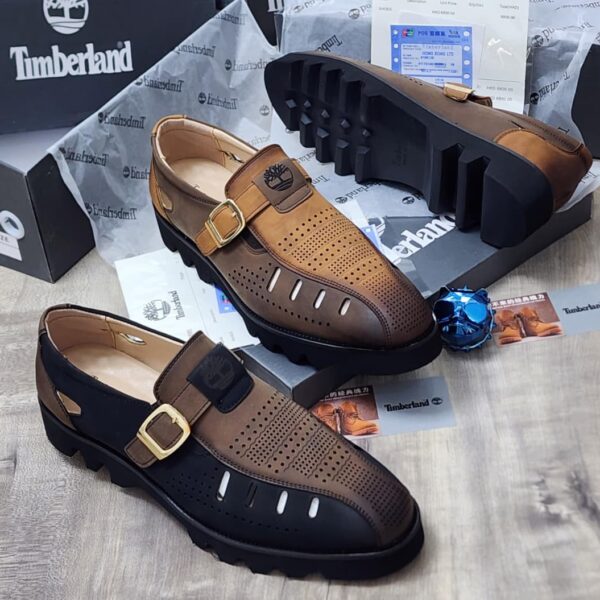 Timberland Brown Leather Buckle Loafers with Perforated Design
